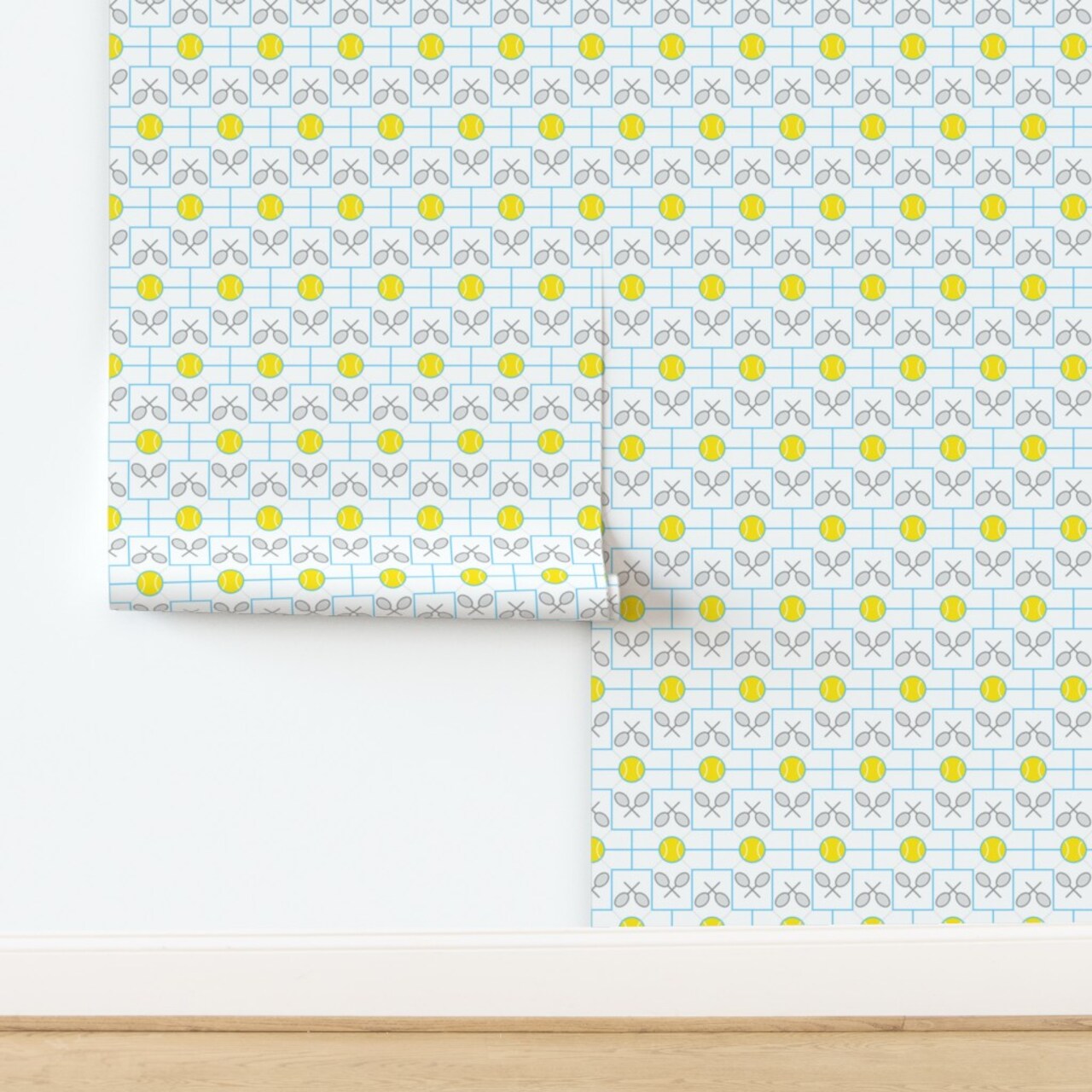 Yellow White Blue Tessellation T-Shirt Tennis Racquet Ball Sport Game Clothing Custom Pre-pasted Wallpaper by Spoonflower Pre-Pasted Wallpaper 2FT Wide